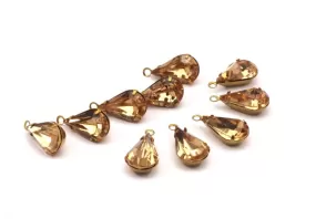 5 Light Colorada Topaz Swarovski Crystal Drop with Raw Brass Prong Setting 13x8 mm  D0504