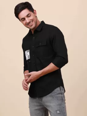 Black Solid Double Pocket Full Sleeve Shirt