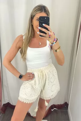 Cream crochet elasticated waist shorts