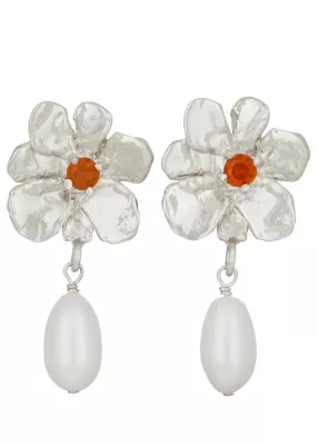 Flower Pearl Drop Earrings in Silver - Orange