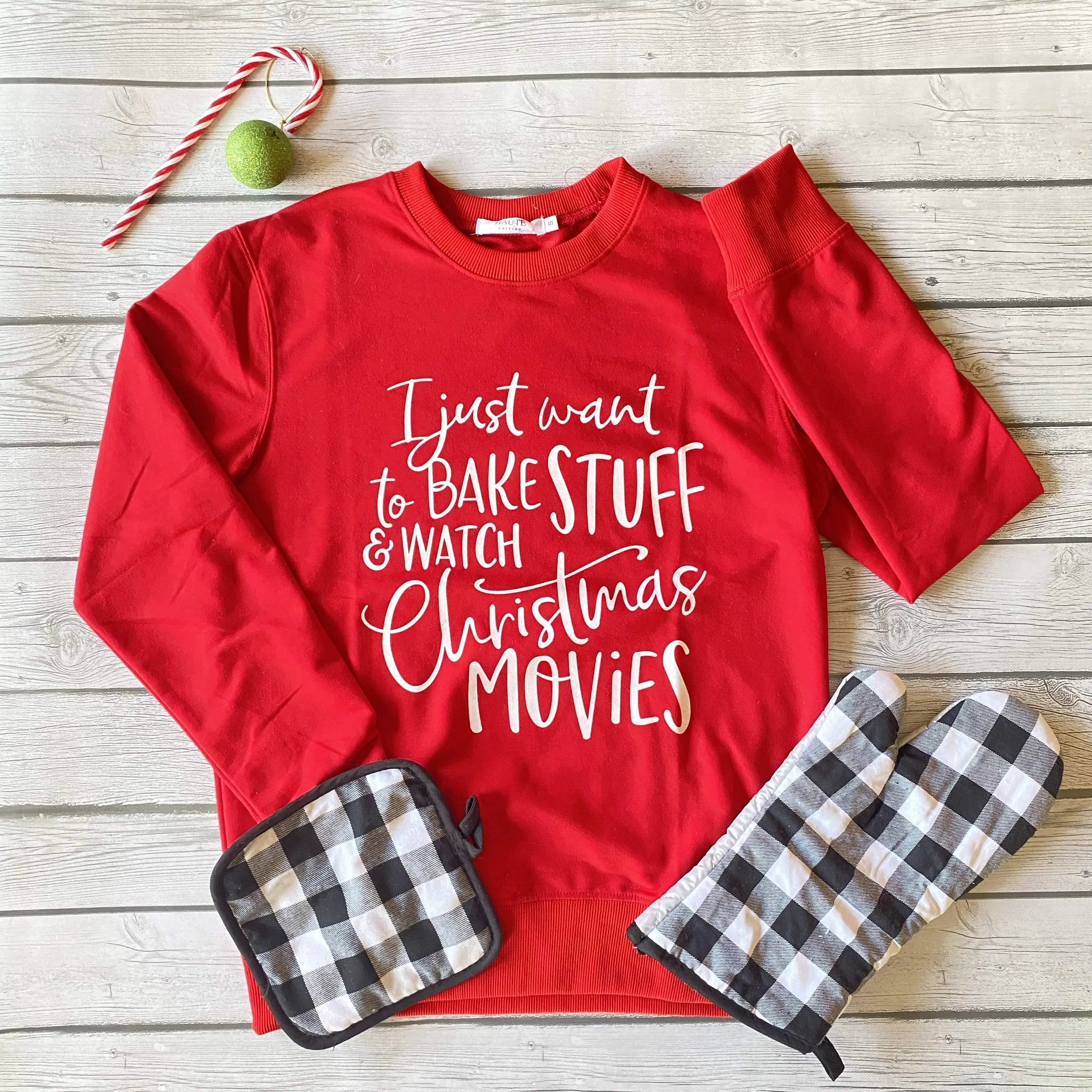 Holiday Christmas Baking Themed Sweatshirt with Bonus Oven Mitt and Potholder Gift Set