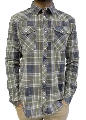 MEN’S ACID WASHED INDIGO PLAID SHIRT IN OLIVE