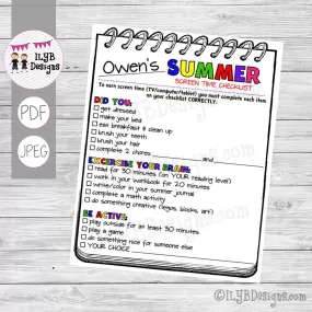 SUMMER SCREEN TIME CHECKLIST PDF, JPEG Printable Files - Summer Schedule - Summer Learning Checklist - Technology Chart