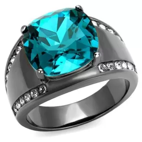 WildKlass Stainless Steel Ring IP Light Black (IP Gun) Women Top Grade Crystal Blue Zircon